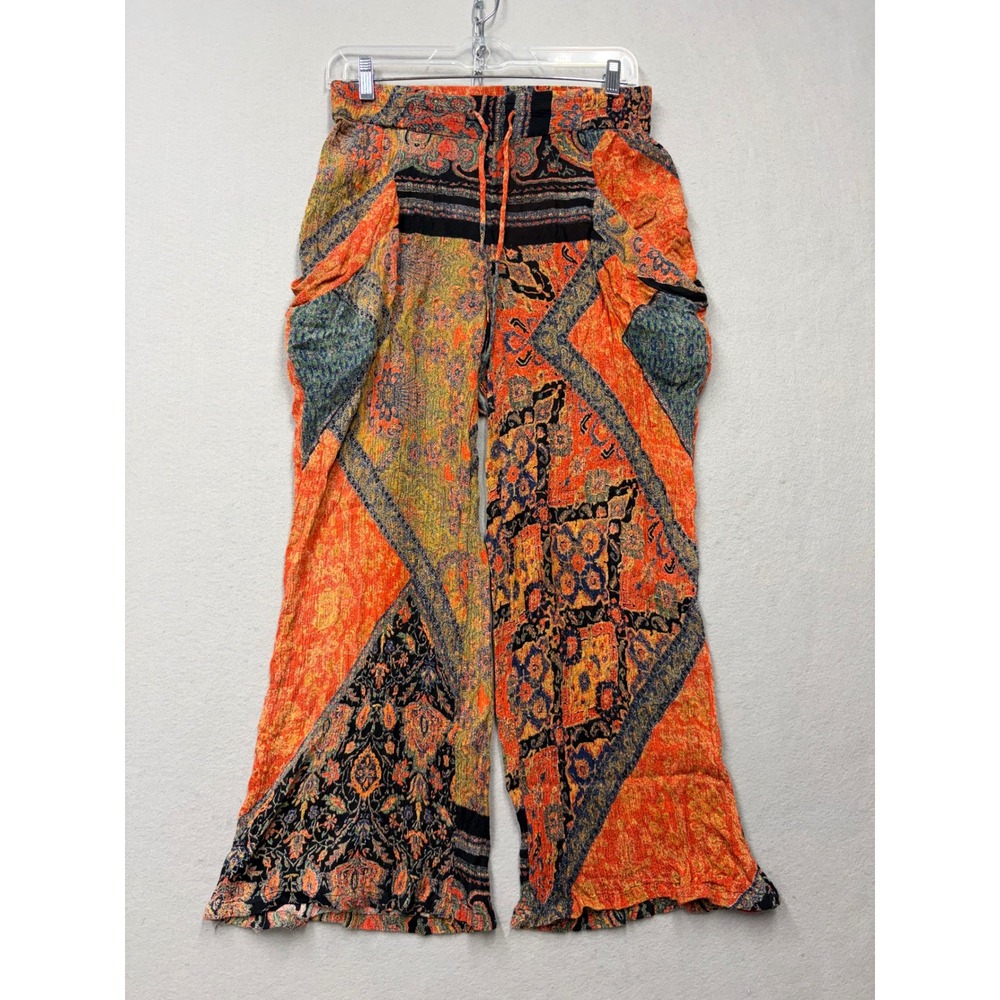 Free People Pants Women XS Orange Paisley Patchwork Wide Leg Boho Ruffle Hem